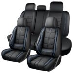 Full Leather Chair Cover Full-grain Leather Lumbar Support Model 2000, Black & Navy Blue