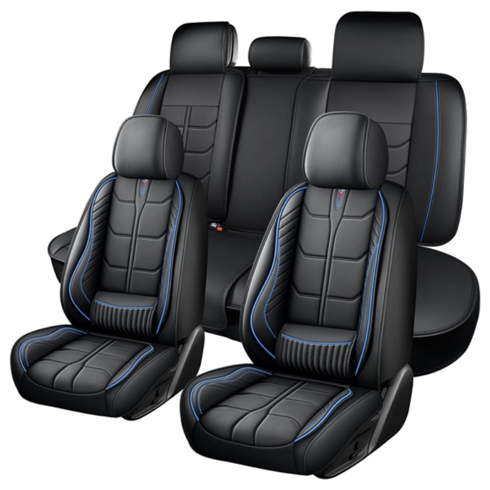 Full Leather Chair Cover Full-grain Leather Lumbar Support Model 2000, Black & Navy Blue
